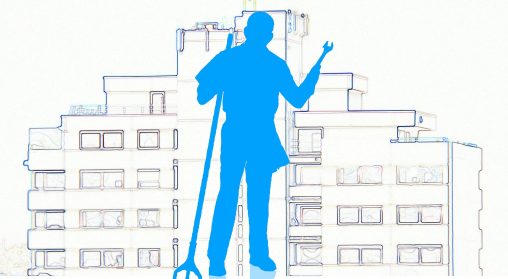 Graphic Design image of a janitor holding a mop standing in front of a building