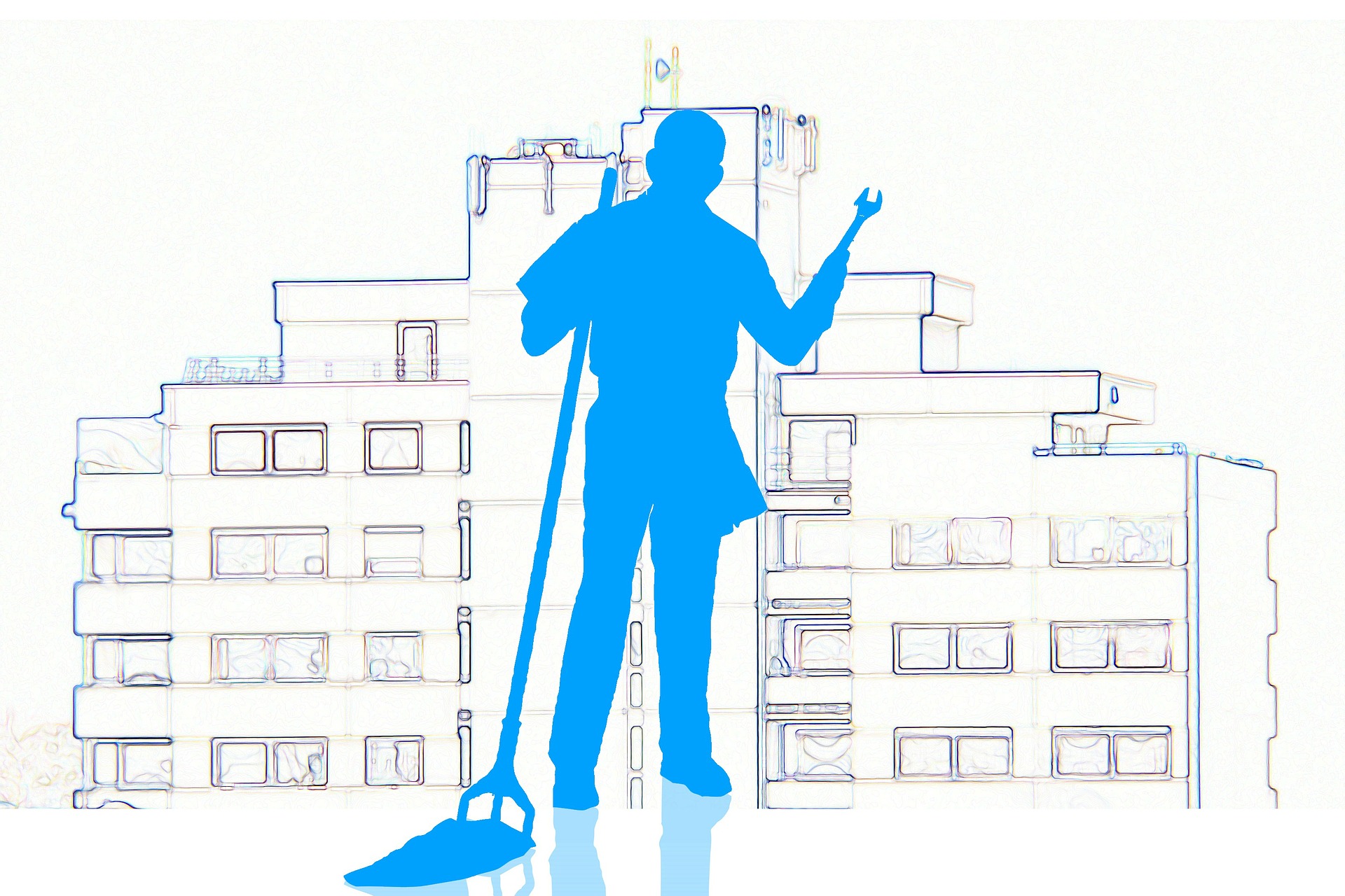 Graphic Design image of a janitor holding a mop standing in front of a building